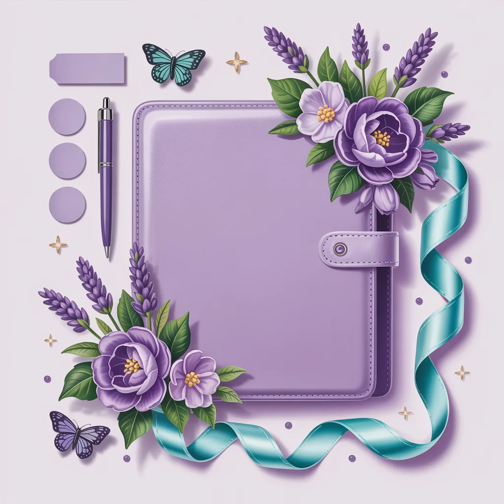 Planner lavanda com flores, fita turquesa, borboletas e detalhes dourados para dicas de organização de festa de 15 anos